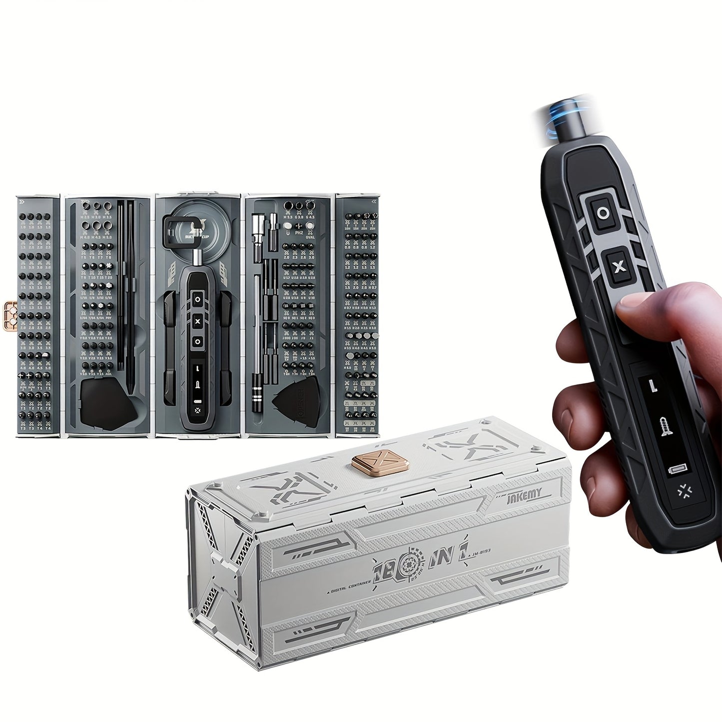 Compact electric screwdriver set with 3 torque settings, foldable design, 160 precision bits for various devices.