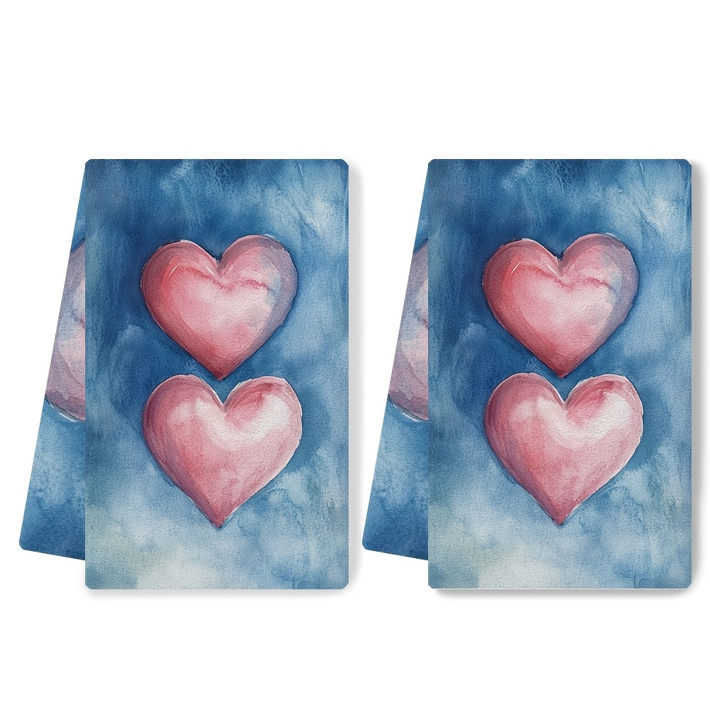 This set includes two ultra-soft kitchen towels with Valentine's hearts design, perfect for drying dishes. They are highly absorbent, suitable for holiday decoration, and can be easily machine washed. Each towel measures 40.64X60.96 cm.