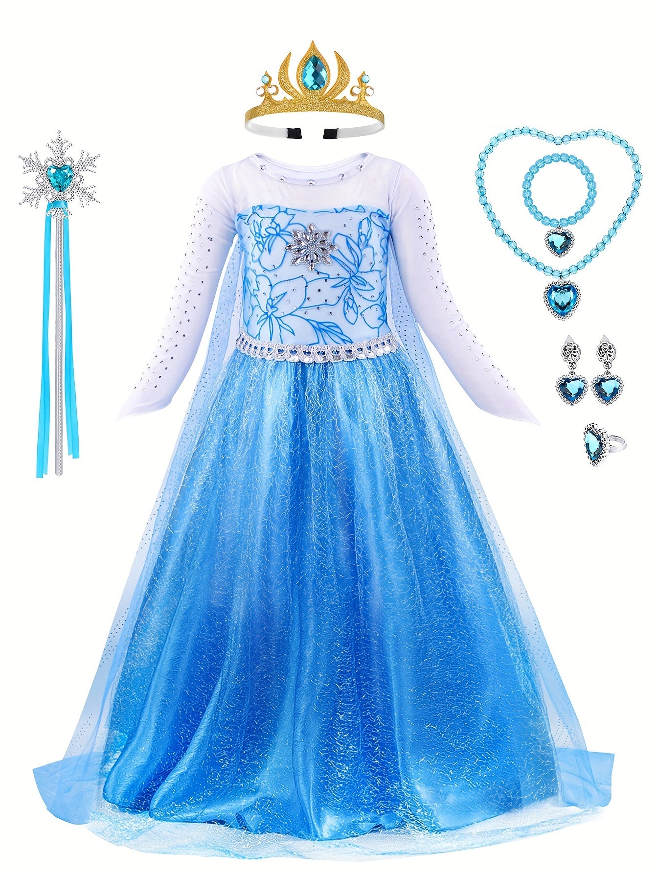 Girl's Elsa Queen costume with accessories for cosplay and birthday parties.