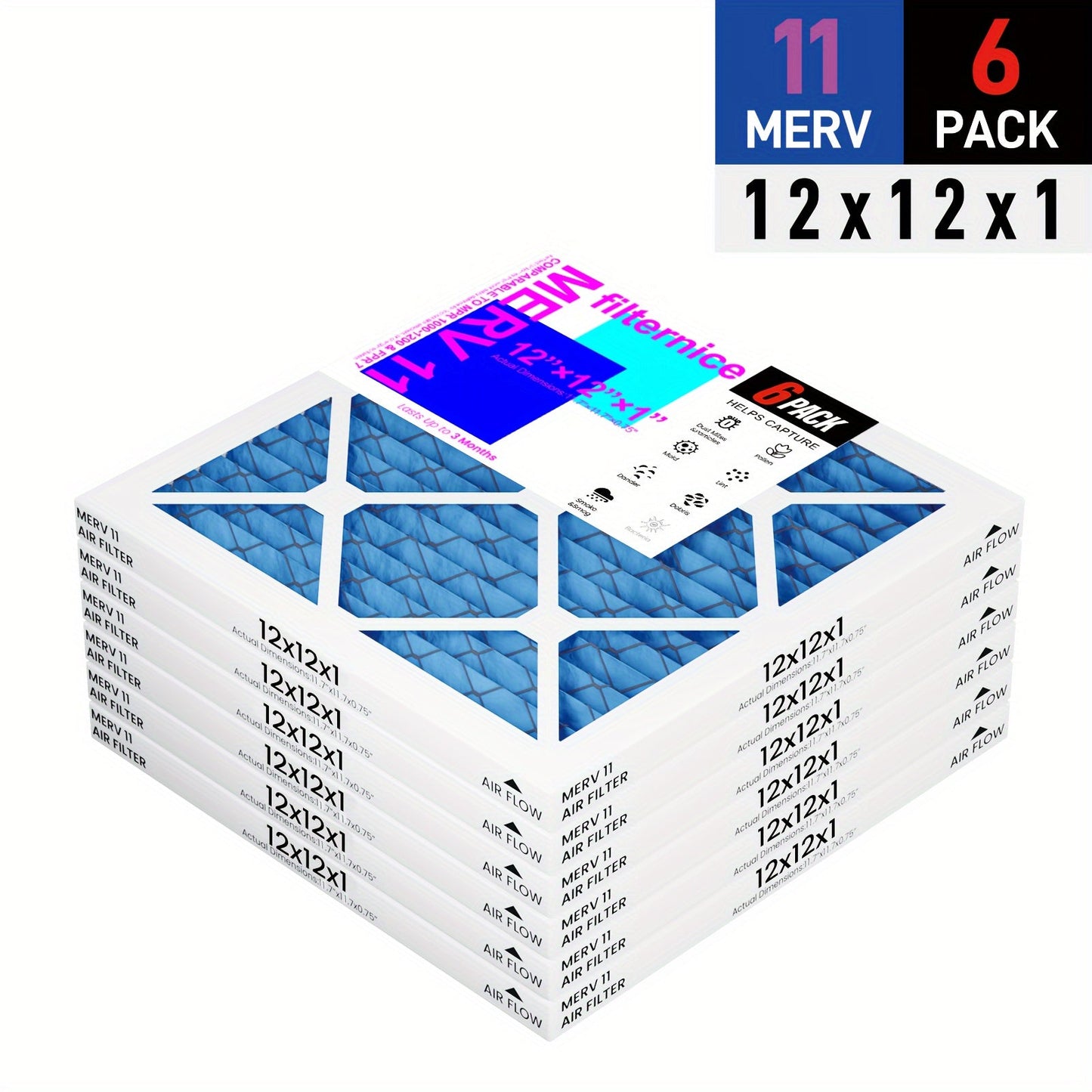 6-pack of MERV8, MERV11, and MERV13 pleated replacement air filters for AC and furnace applications in home and pet environments. Actual dimensions are 29.72cm x 29.72cm x 1.91cm.