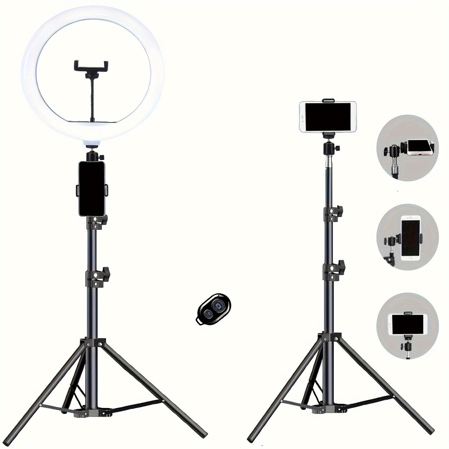 53.54-inch selfie ring light with tripod, dual phone holders, 3 color modes, and 12 brightness levels. USB powered for makeup, photography, video, and vlogging. Made of PP material.