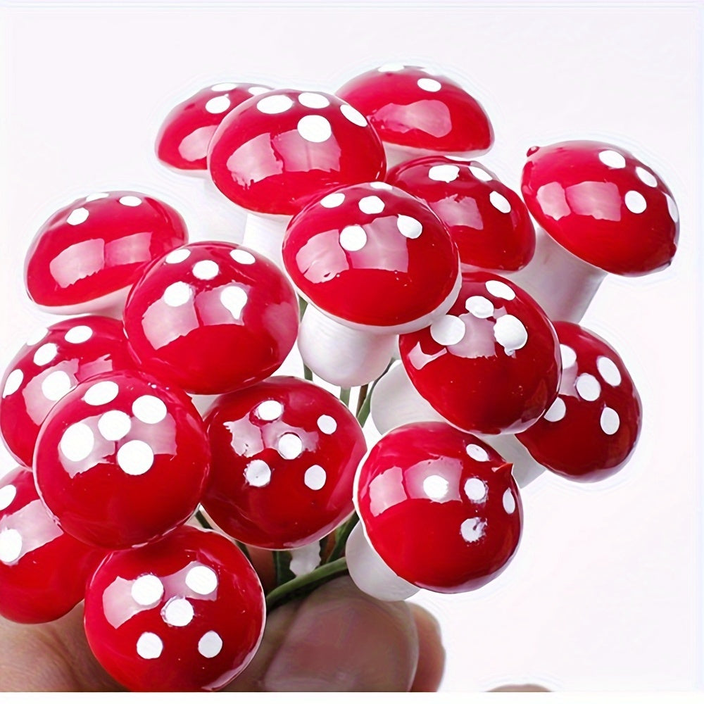 30 artificial plastic red mushrooms for Christmas decorating, miniature fairy gardens, and moss landscape building.