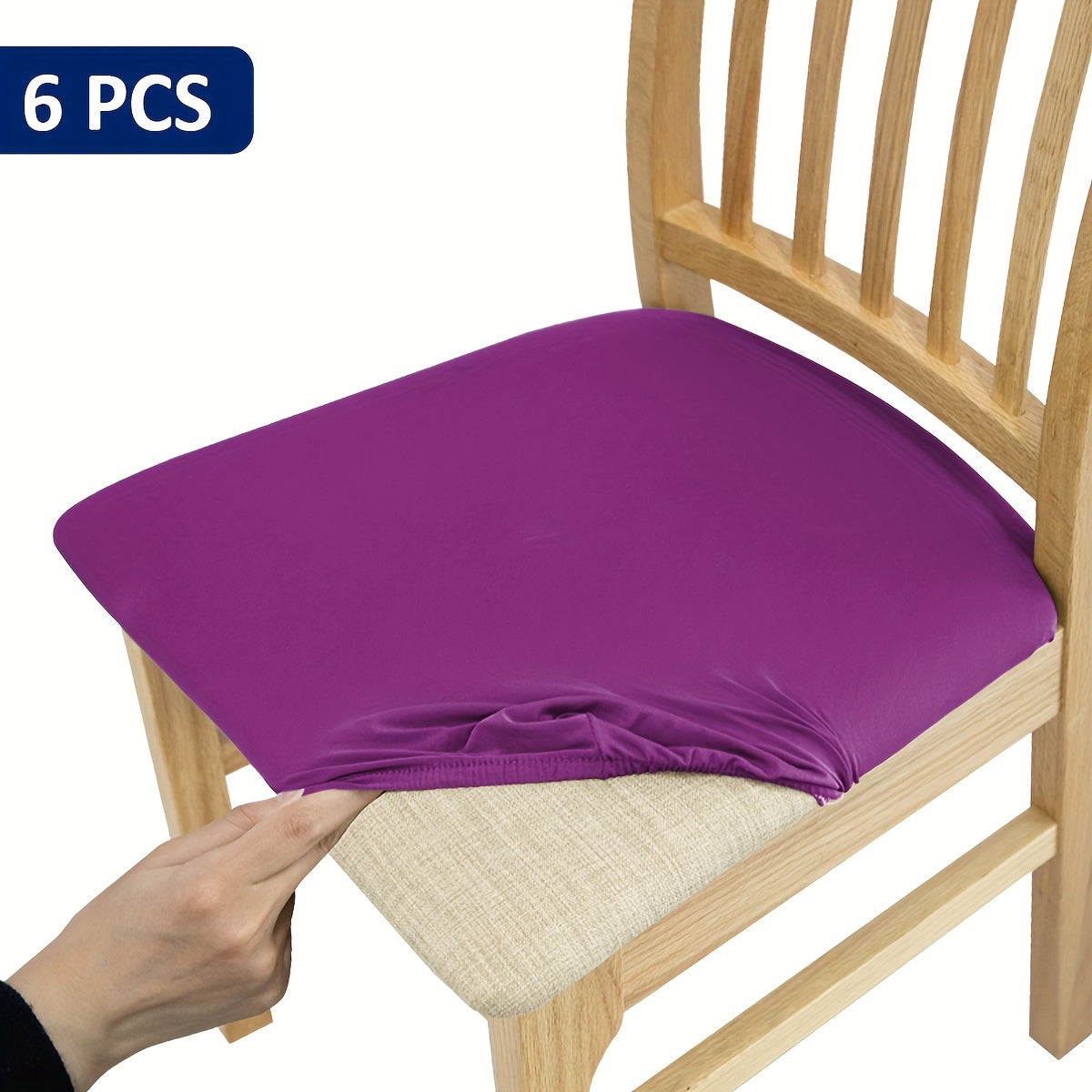 4/6 piece elastic chair cushion cover in various solid colors. Easy to install and ideal for protecting furniture in living rooms, kitchens, and restaurants.