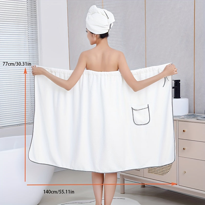 Two-piece bath towel set for adults includes wearable towel with hair towel, bowknot bath skirt, absorbent bathrobe with pockets, bow decor bath wrap towel with shower cap. Perfect bathroom accessories.