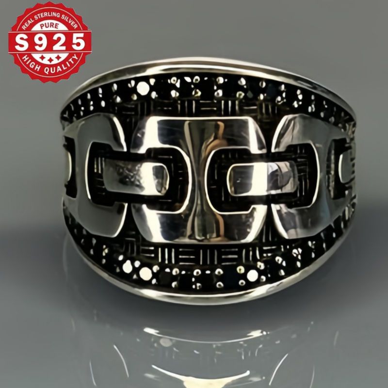 925 Sterling Silver Band Ring with Vintage Style and Unisex Handcrafted Gothic Chain Pattern. Features Natural Agate Inlay and Silver Plating, perfect for Him as a unique gift. Ideal for Weddings, Parties, Daily Wear, with the June Birthstone and for