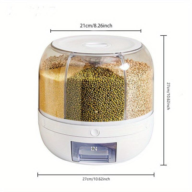 Large capacity rotating rice bucket with multiple grids for storing cereals and grains. This moisture-proof and insect-proof sealed container is perfect for rice, flours, dog food, and pet food. Keep your household airtight with this convenient rice