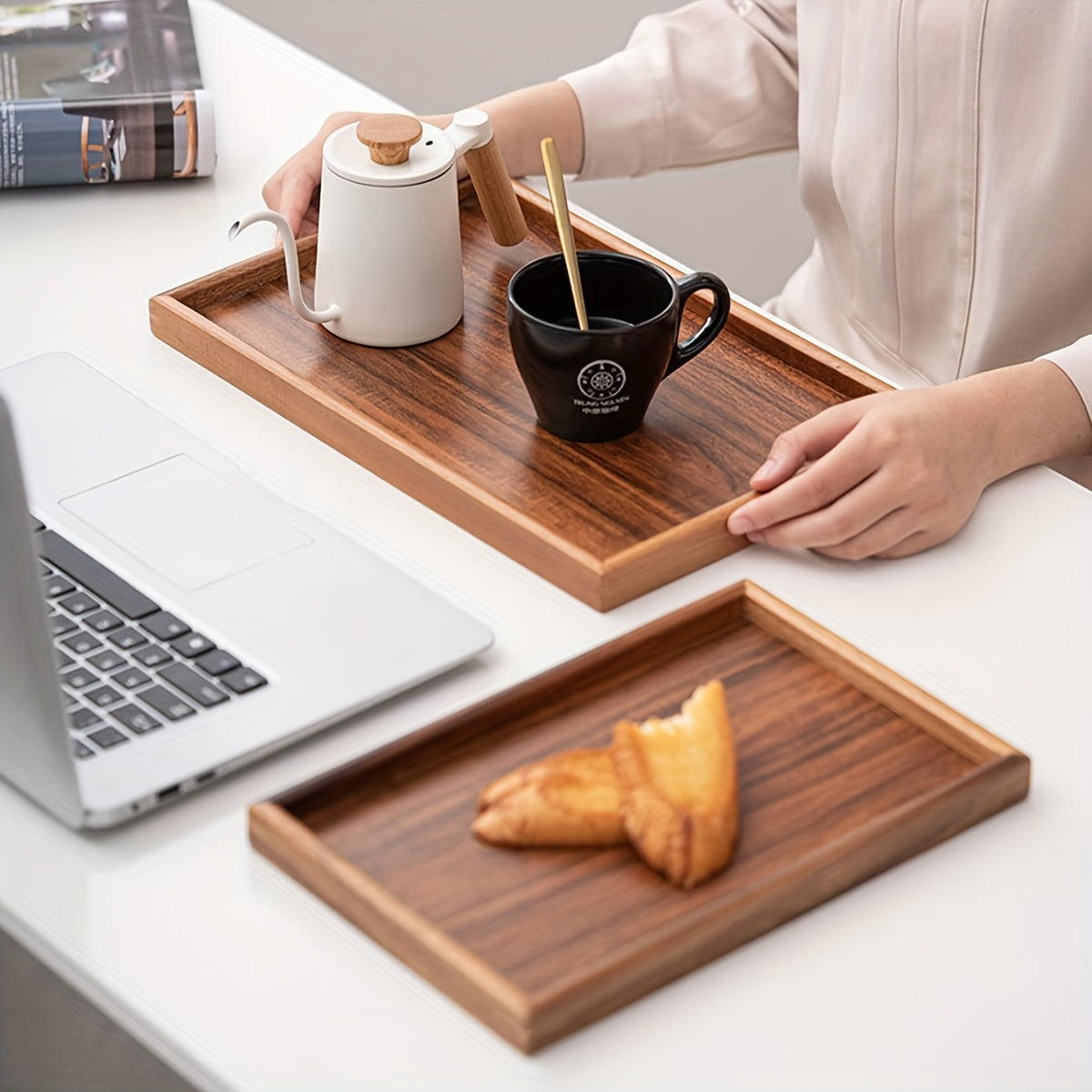 Rectangular walnut tray suitable for various uses such as breakfast, desserts, bread, snacks, sushi, afternoon tea, and as a table decoration for home, hotel, or restaurant kitchens.