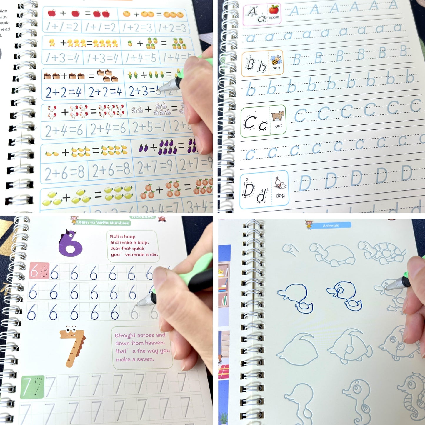 4 reusable handwriting calligraphy books for early learning - great gift for practicing numbers, alphabet, and drawing.