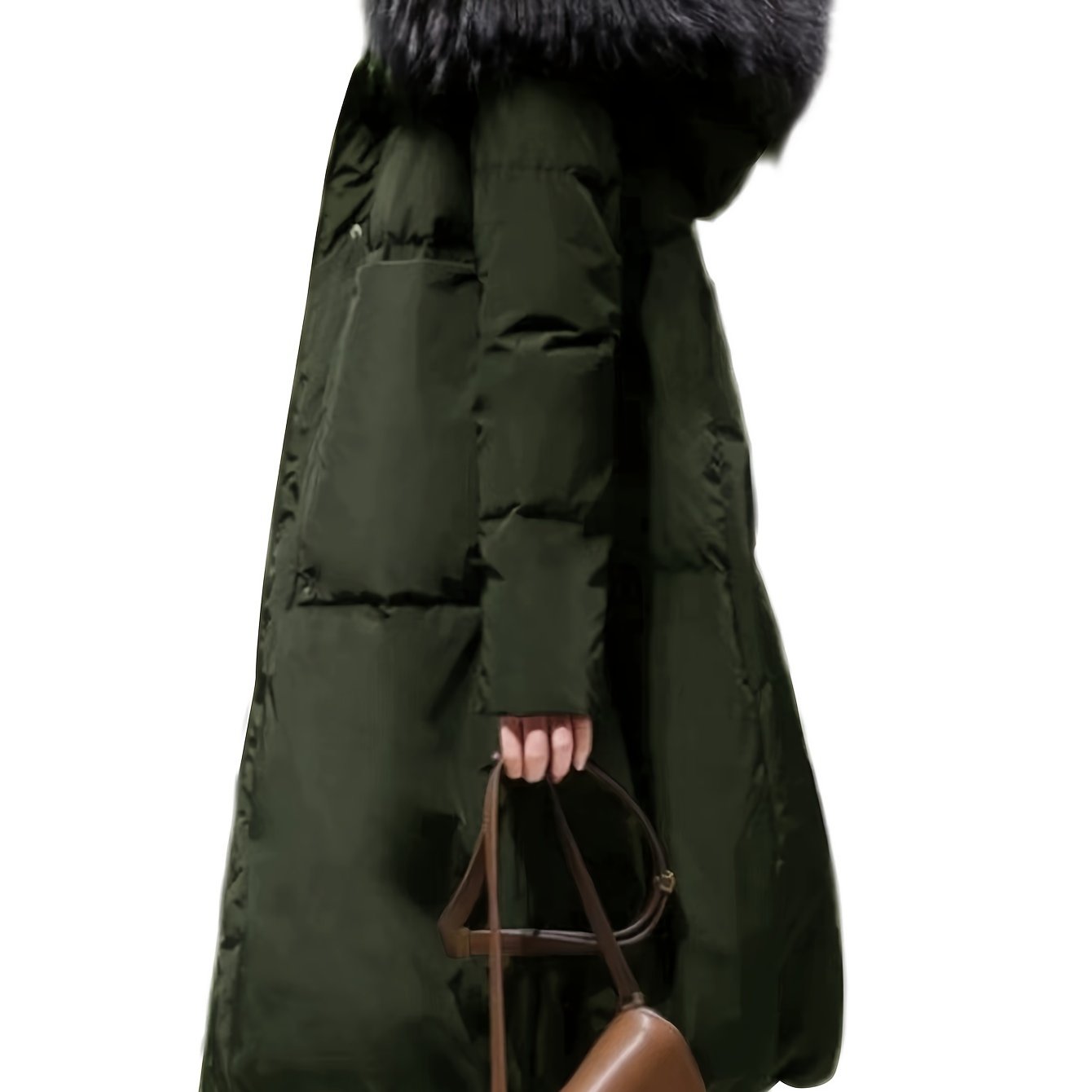 Women's Elegant Long Winter Hooded Coat with Faux Fur Trim, Zip-Up Front, and Side Pockets for Cold Weather Style.