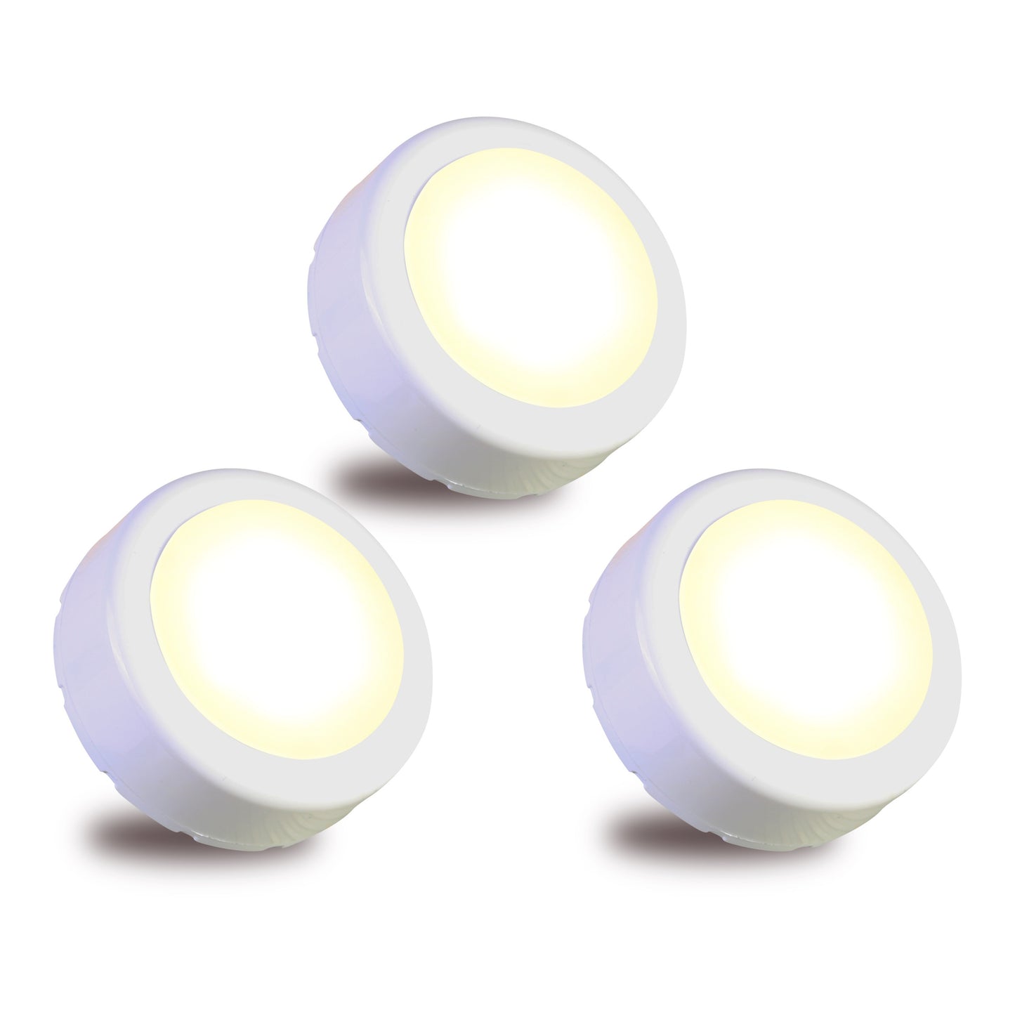 LED cabinet push lights in warm light, available in sets of 1, 3, 4, or 6. Requires 3 AAA batteries (not included). Ideal for kitchen, closet, cupboard, and counter lighting.