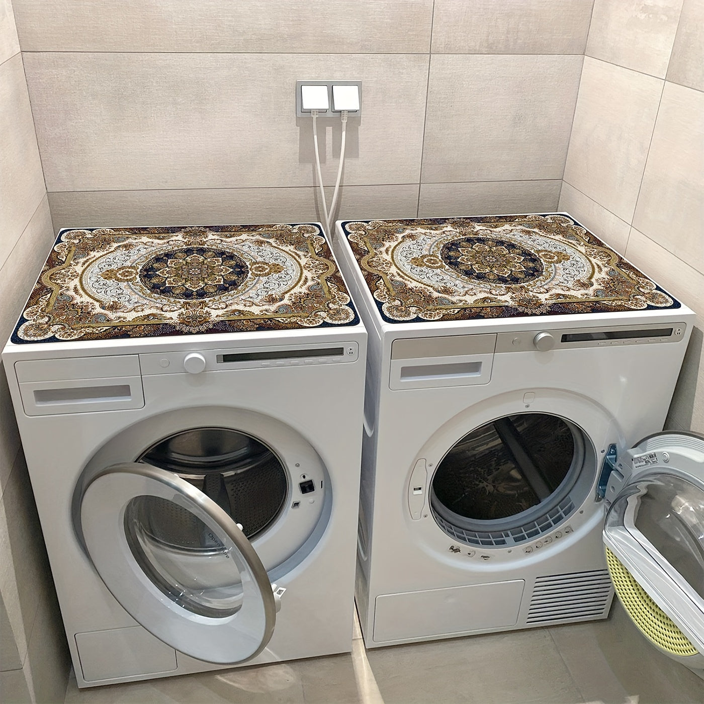 Set of 2 Vintage Coffee & Floral Print Washer and Dryer Dust Covers - Resilient, Stain-Proof, Non-Skid Mats with Retro Style for Laundry Machines