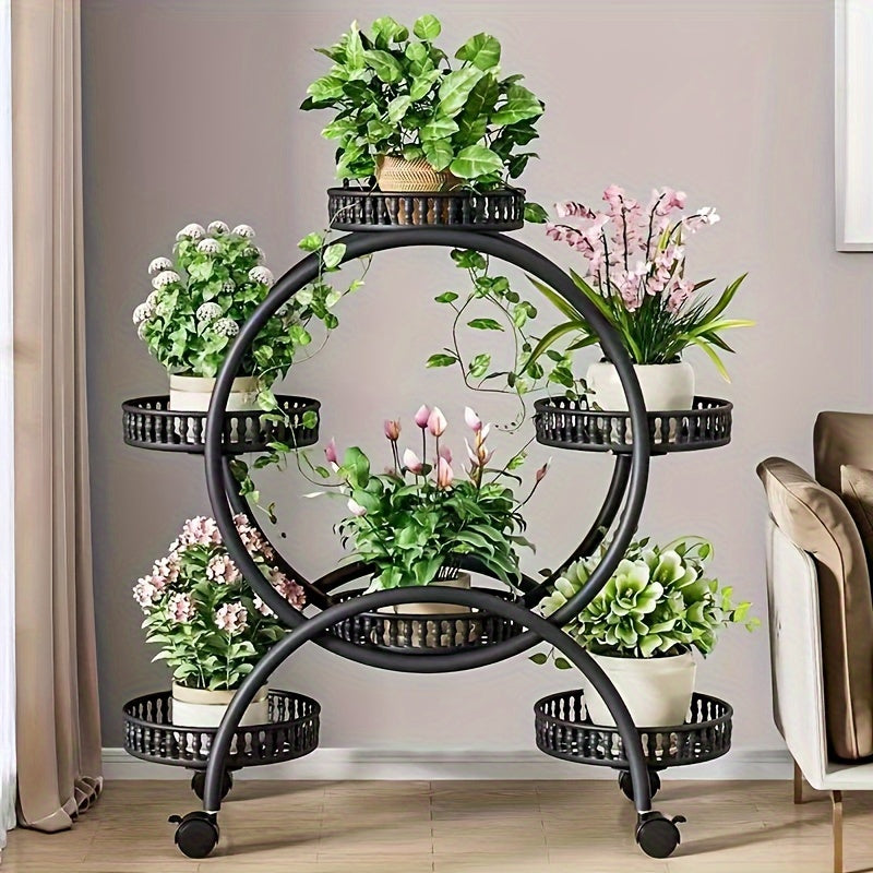 European-style metal hanging plant stand with wheels, multi-level mobile planter rack, circular design for indoors and outdoors.