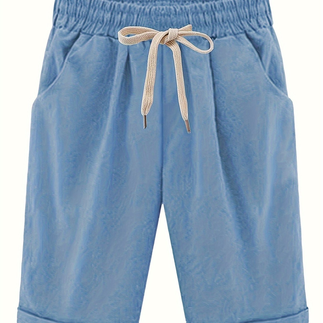 Women's Plus Size High Rise Drawstring Shorts with Pocket, Slight Stretch and Solid Casual Style.