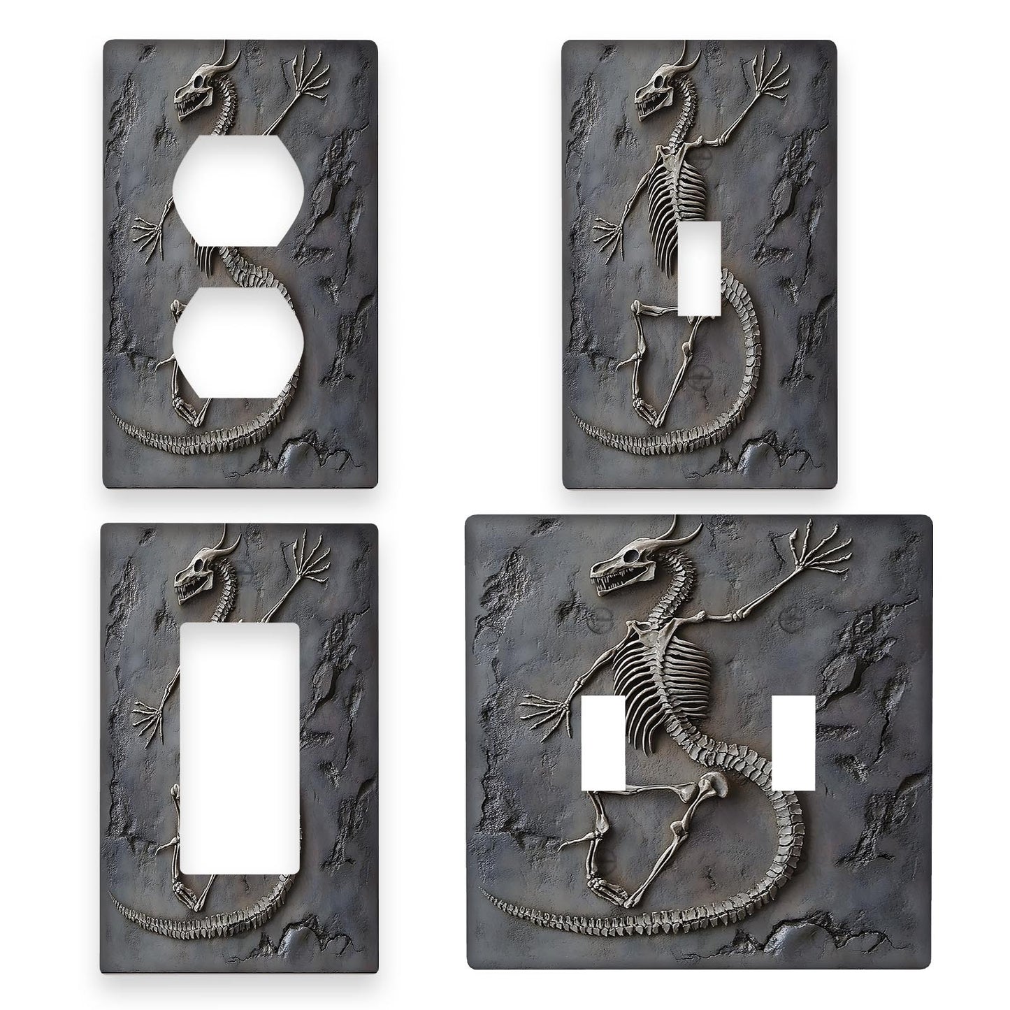 Dinosaur fossil wall panel light for switch cover, 1pc/2 sets - no power needed, easy to clean. Fits standard US sockets, perfect for bedroom and kitchen decor. Ideal for dinosaur-themed rooms.