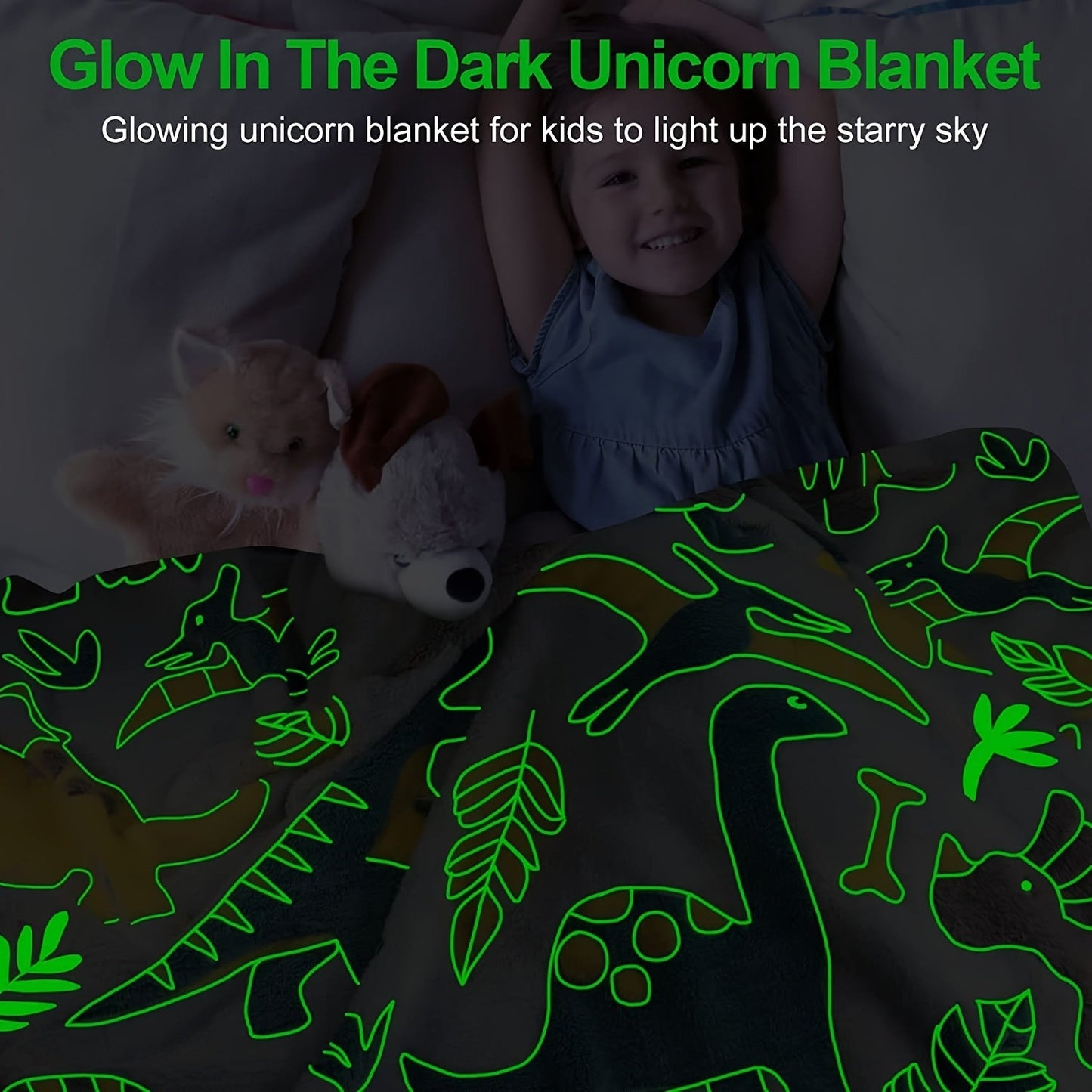 Soft fleece throw blanket for boys with glow-in-the-dark dinosaur design, makes the perfect birthday gift and is easy to clean in the washing machine.