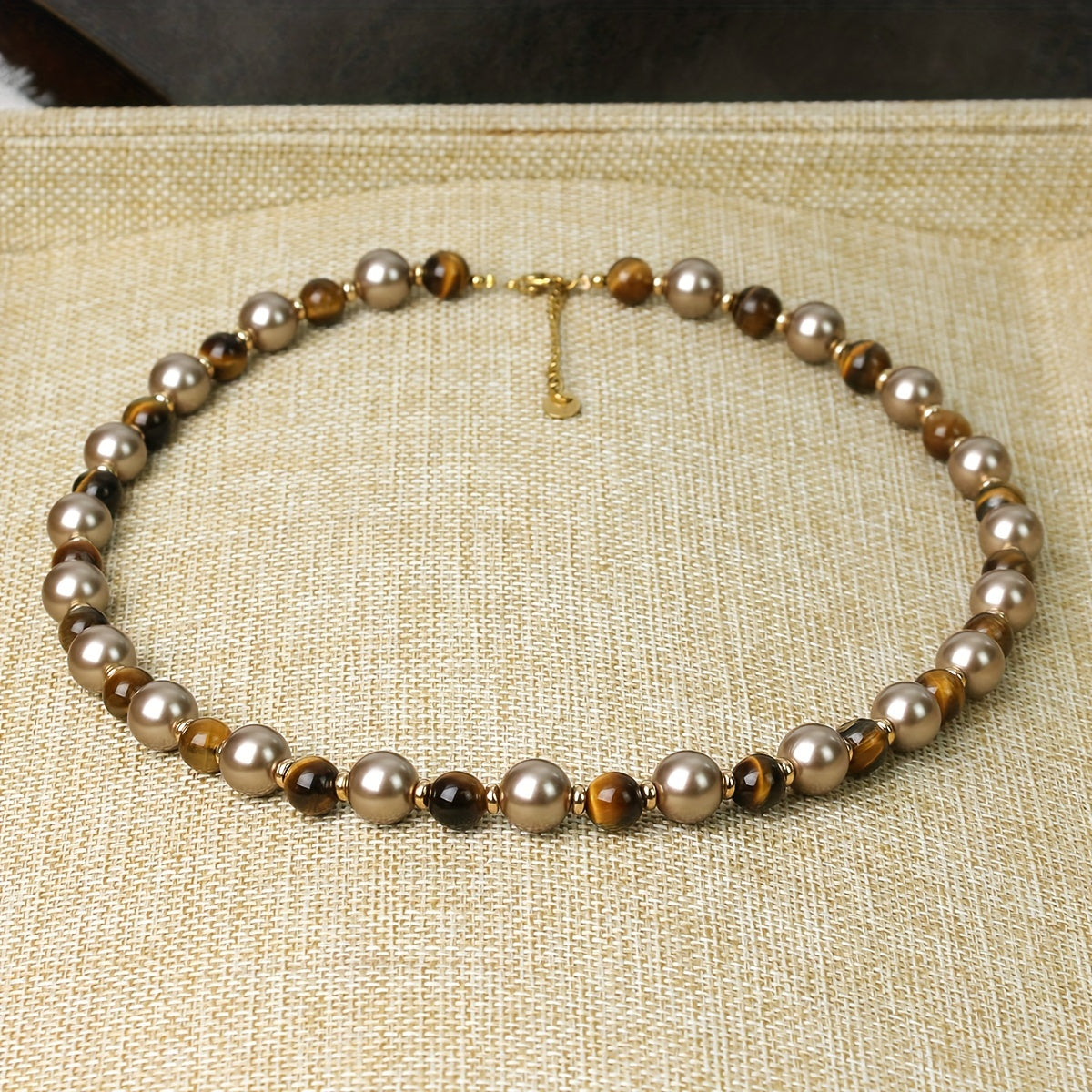 Maillard Tone Women's Autumn & Winter Necklace featuring Natural Tiger Eye Stone and Imitation Pearl Beads. Handmade Jewelry Gift perfect for the season. From Maillard Tone's Autumn & Winter Collection.