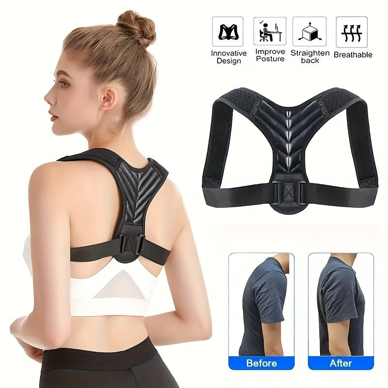 Sleek black posture corrector with adjustable straps for men and women, provides clavicle and lumbar support, made of durable polyester, hand-washable.