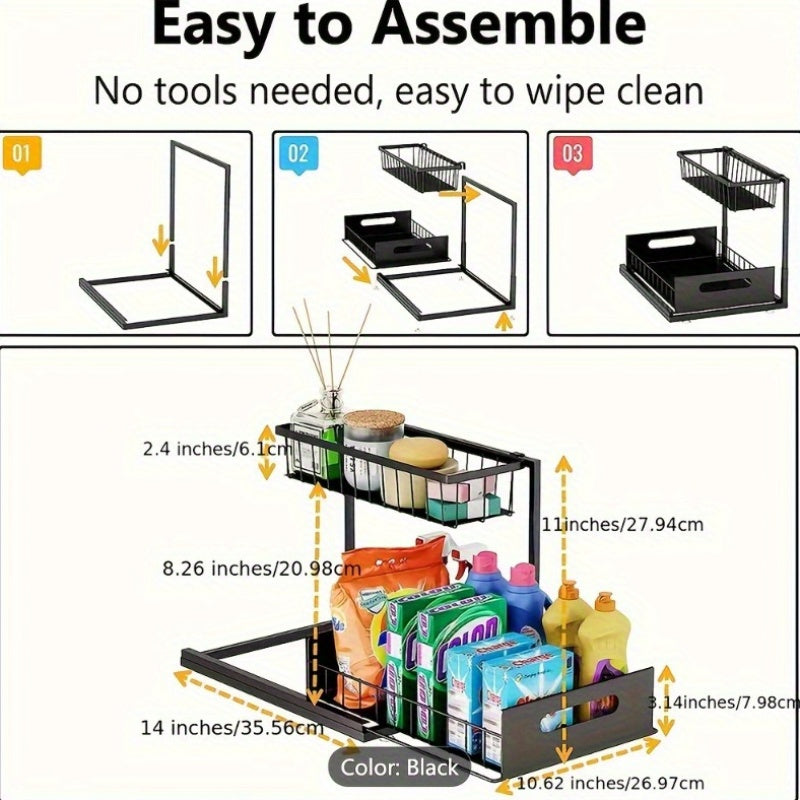 Durable Metal 2-Tier Under Sink Organizer with Slide-Out Storage Rack, Pull-Out Drawer for Kitchen Cabinet, Pantry, Bathroom, and Closet - No Power Needed.