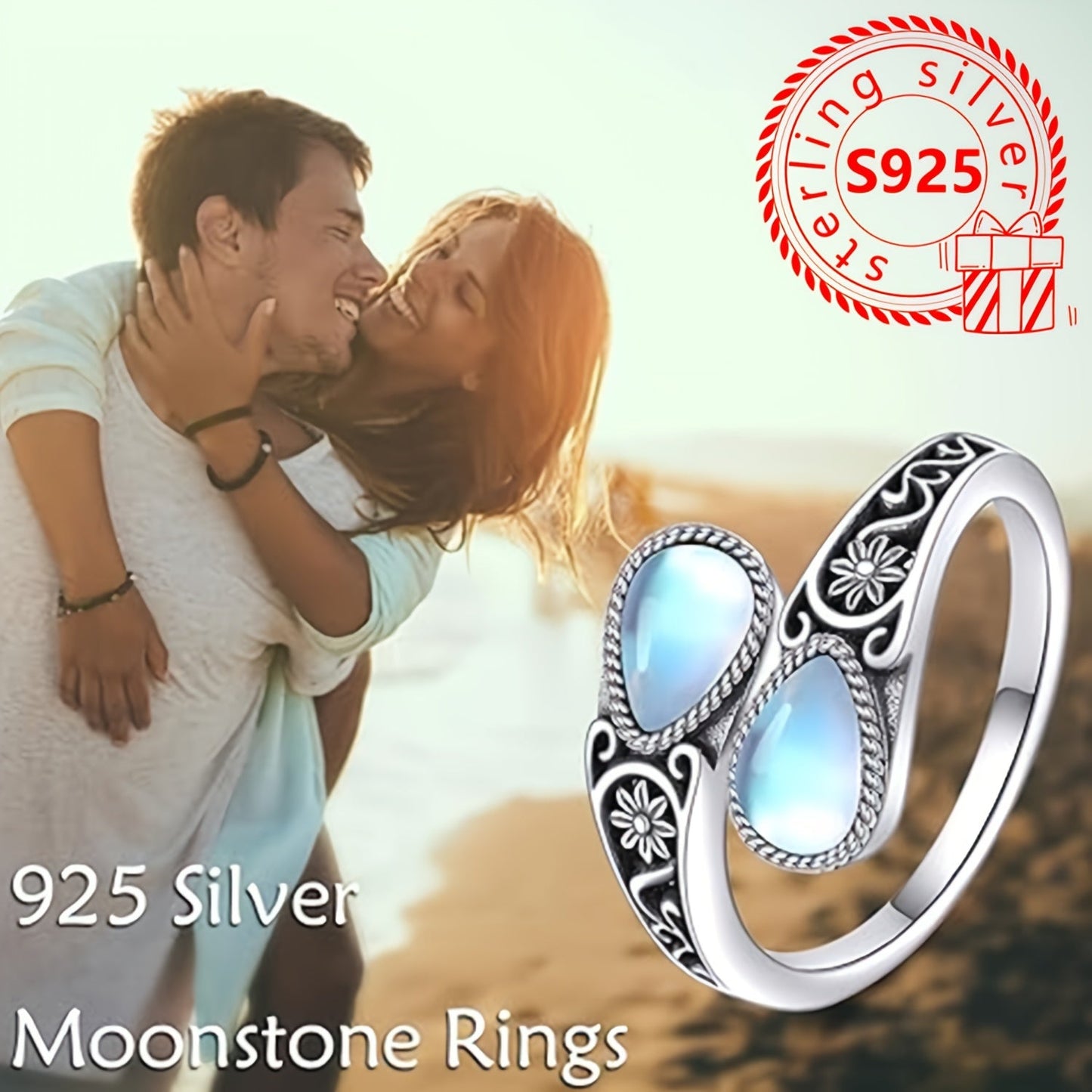 This ring features a moonstone set in an S925 pure silver spoon-shaped setting, weighing 3.6g and free of nickel. It has a hypoallergenic, vintage-inspired design with a Victoria retro style and is adjustable to fit the thumb. Perfect for a bohemian