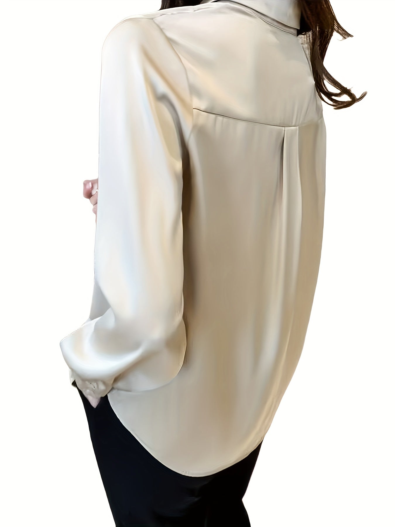 Women's chic solid color long sleeve blouse made of 100% polyester with lapel collar and button details. Suitable for all seasons.