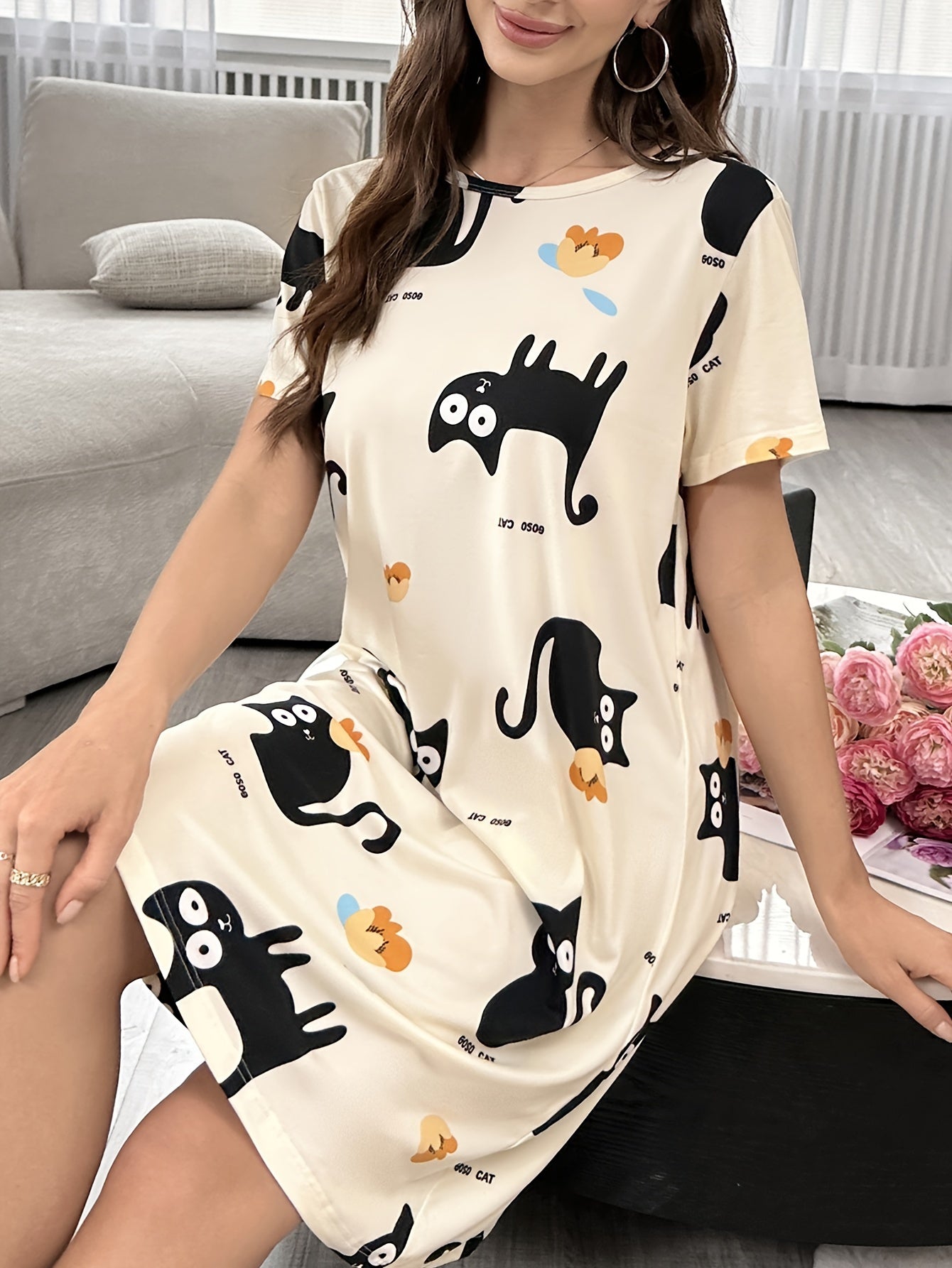 Cartoon Cat Print Nightdress for Women, Short Sleeve Sleep Dress