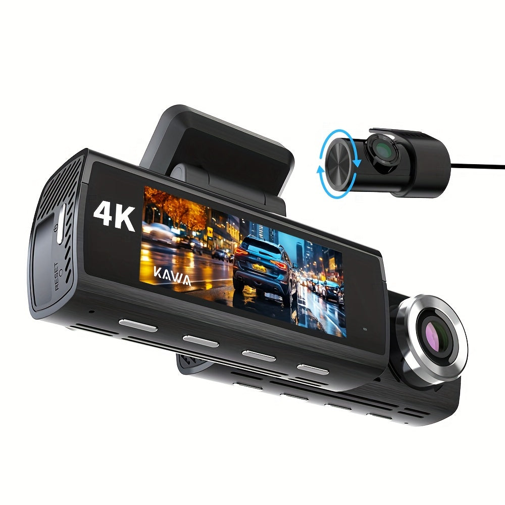 KAWA True 4K Dash Cam Front and Rear with WiFi, Starvis IMX415, 64GB TF Card, GPS, Voice Control, 8.03cm Screen, Night Vision, Loop Recording, 24H Park Mode - D8