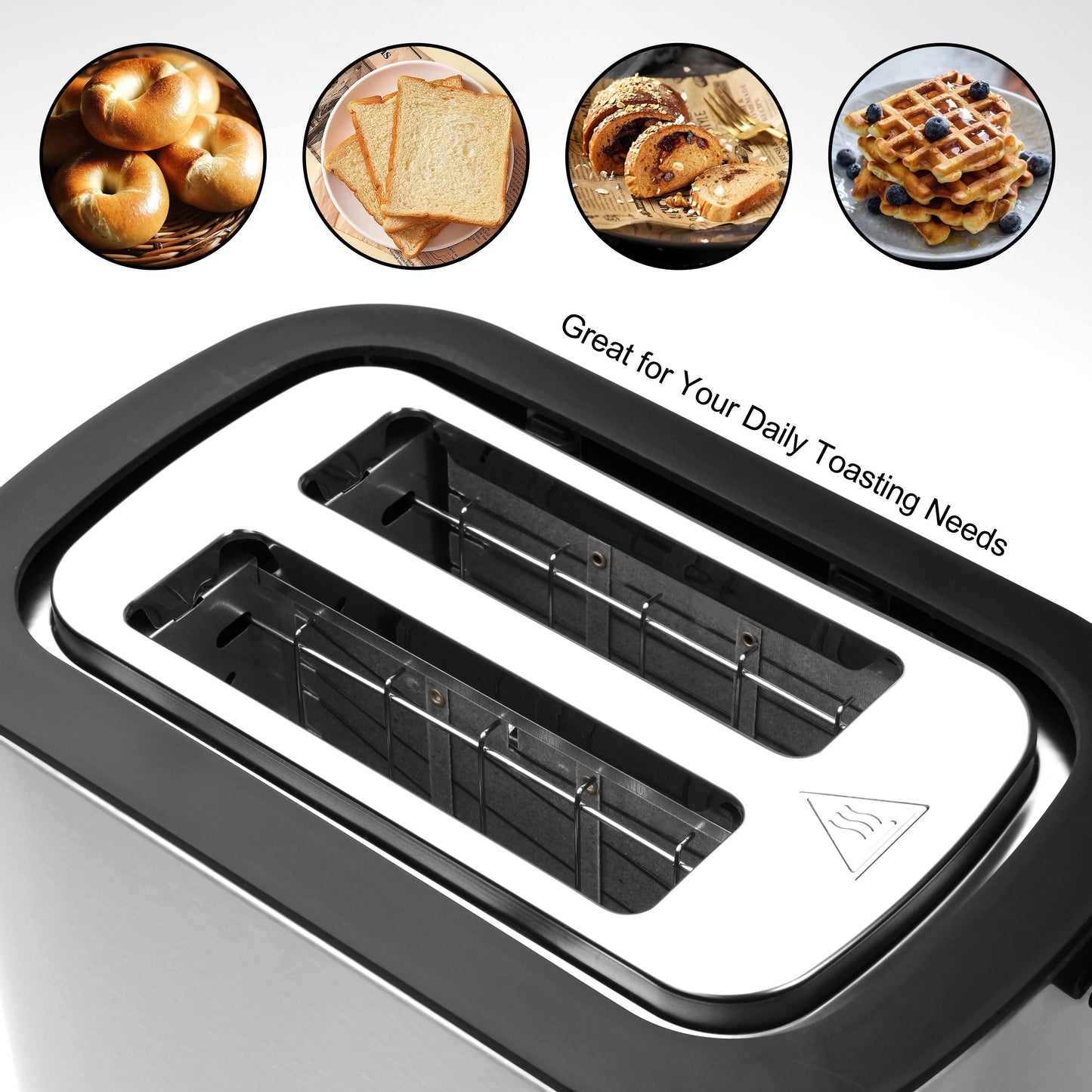 Stainless Steel Toaster with 2 Slices and Anti-Fingerprint Finish, 6 Shade Settings, Cancel/Defrost/Reheat Functions, Removable Crumb Tray, Anti-Jam Feature, Self-Centering Slots, High-Lift Lever, Cord Storage, Food Clip, Silicone Dust Cover.