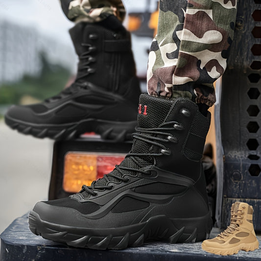 Men's all-season hiking boots with solid color, high tube, lace-up design, microfiber synthetic upper, fabric inner, and EVA sole for comfortable outdoor sports.