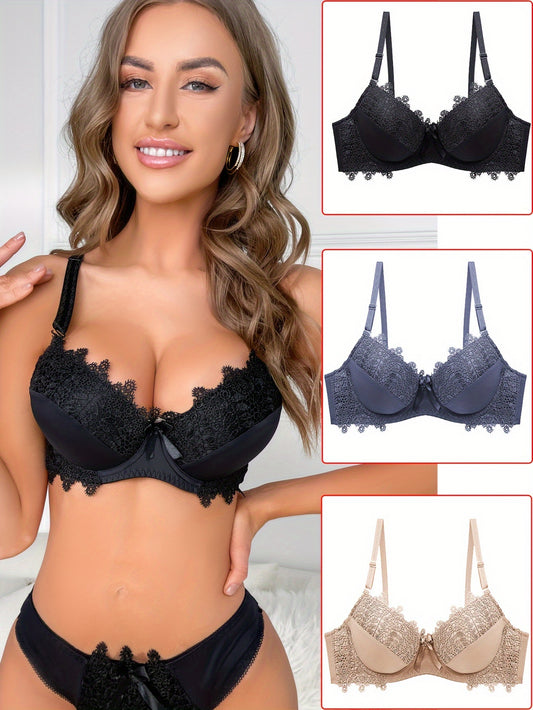 Set of 3 push up bras with contrast lace, comfortable and breathable, includes bow tie detail, for women's lingerie and underwear collection.