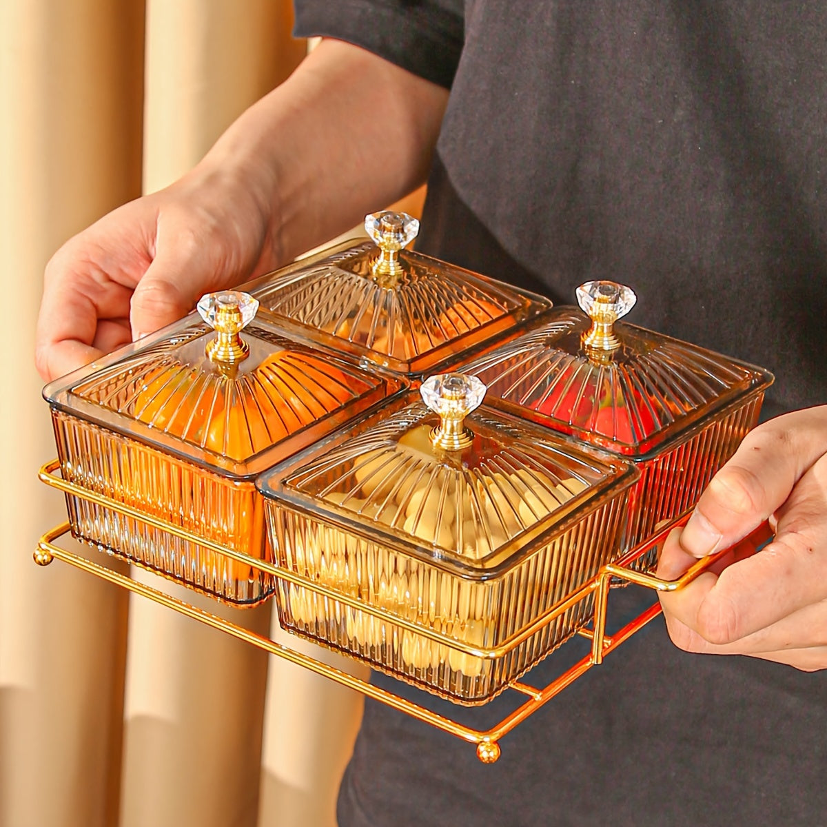 New holiday-themed dried fruit plate trays with multiple compartments for snacks and desserts.