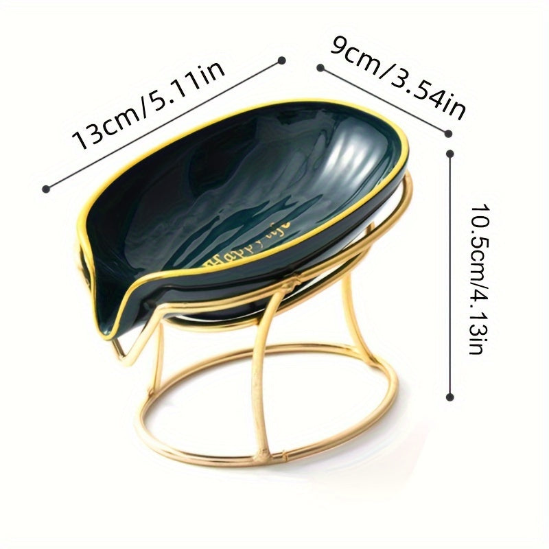 Elegant golden-tone soap dish with drainage, no-drill plastic holder in stylish green and clear design for bathroom and kitchen.