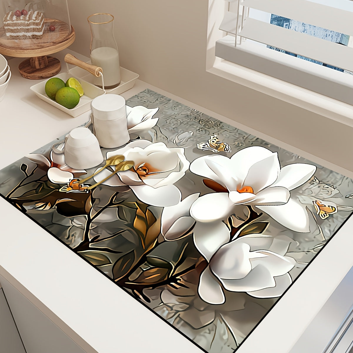 Magnolia Flower Print Polyester Mat - Quick-Dry Absorbent Countertop Protector for Washing Machine, Refrigerator, Kitchen, Coffee Machine, Laundry Room Dust Cover - 1 Piece