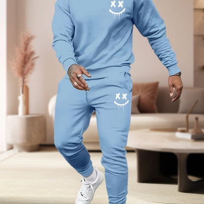 2-piece men's casual tracksuit set with crew neck sweatshirt and joggers in cartoon print polyester. Features slight stretch knit fabric and drawstring detail for all-season comfort.