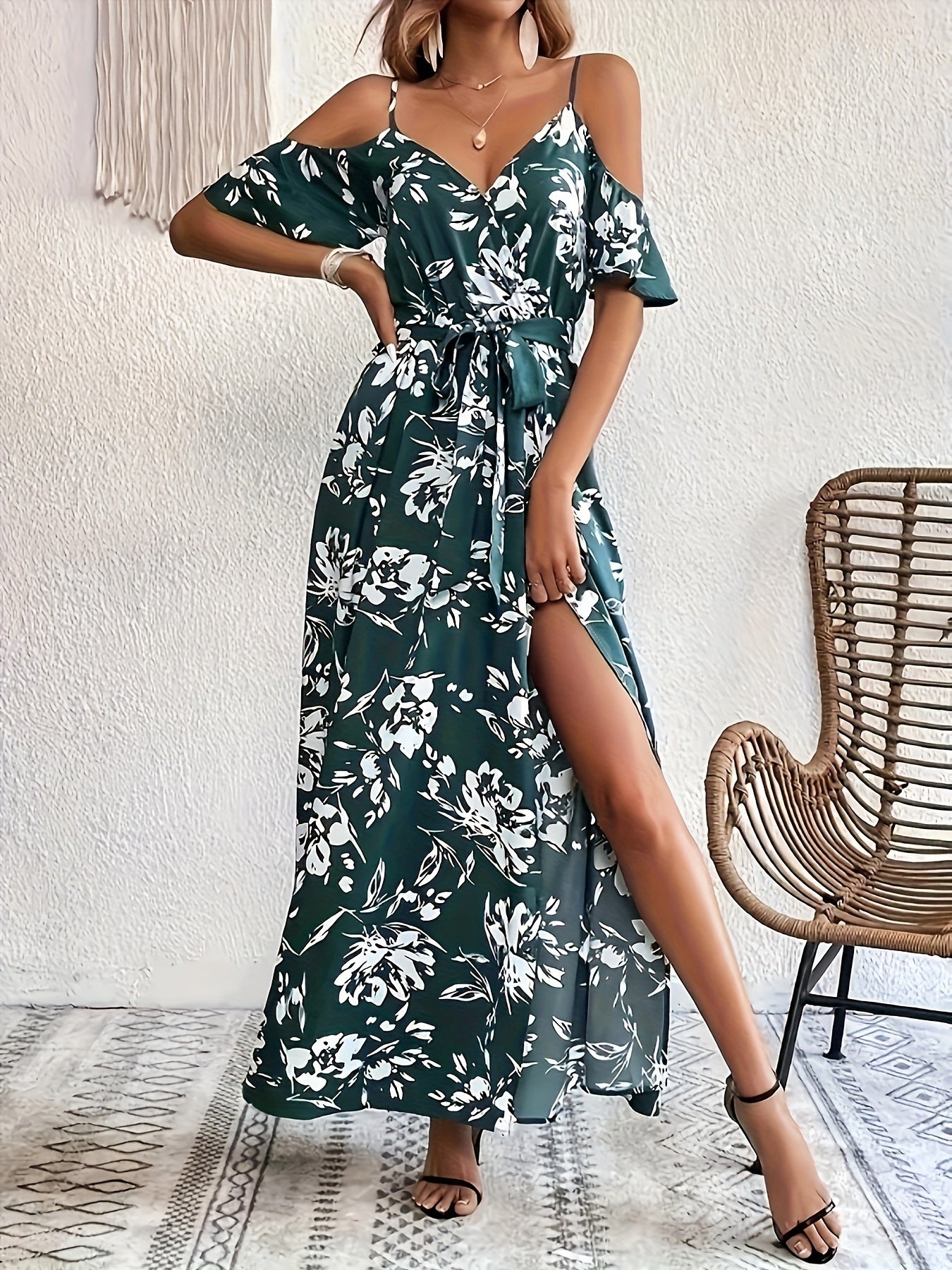 Belted cold shoulder dress with floral print, perfect for spring and summer.