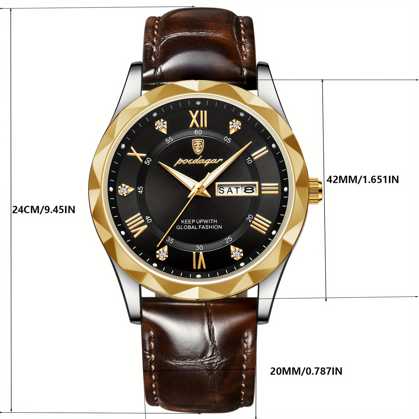 Men's casual waterproof luminous dual calendar quartz watch with round alloy case, PU leather strap, analog display, and 3ATM dive resistance.