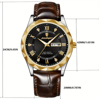 Men's casual waterproof luminous dual calendar quartz watch with round alloy case, PU leather strap, analog display, and 3ATM dive resistance.