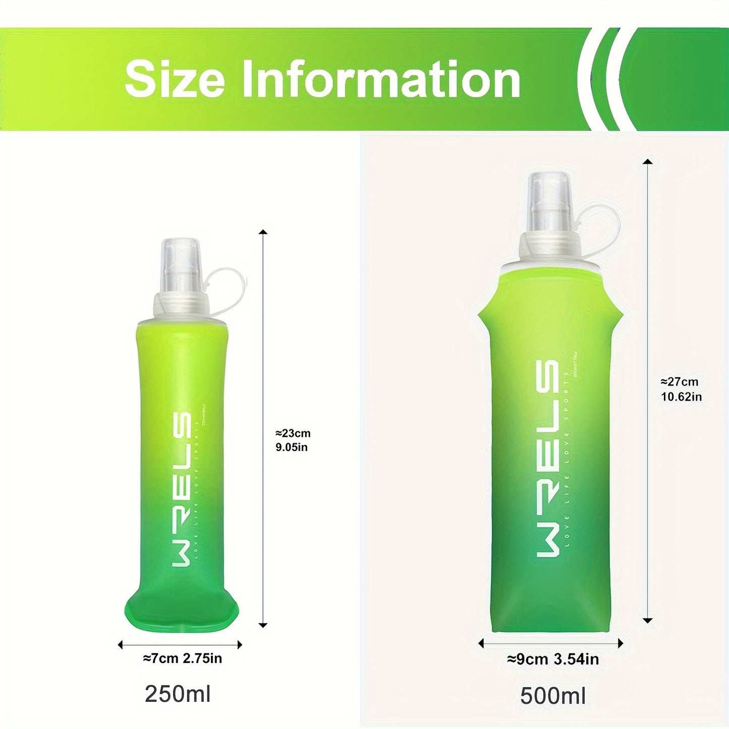 WRELS 2pcs collapsible silicone water bottles in sizes 8.5oz & 17oz, BPA-free for running, hiking, and cycling.