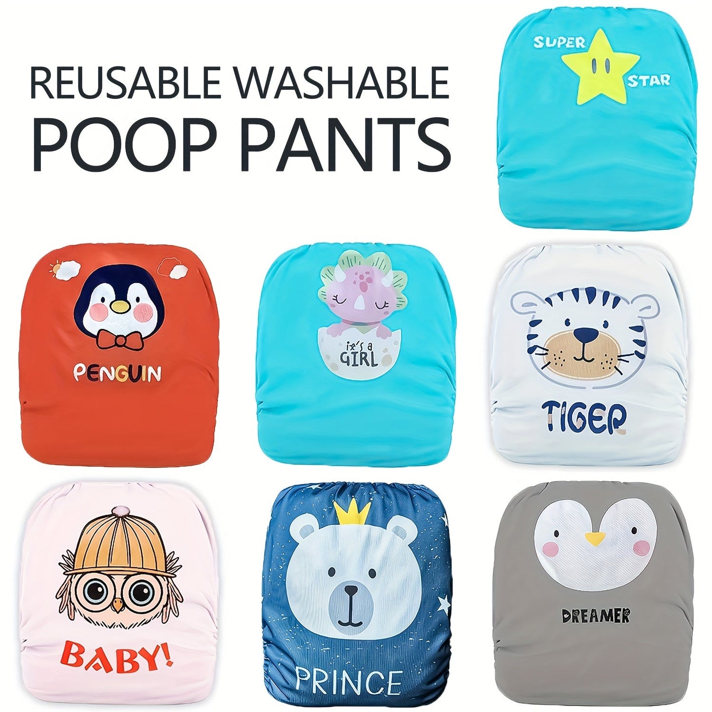 Reusable training pants for babies and toddlers aged 0-3 years come in a 2-pack set. These polyester cloth diapers feature adjustable snaps and are the ideal holiday gift. Choose from unisex designs including Penguin, Tiger, Prince, and Dreamer.