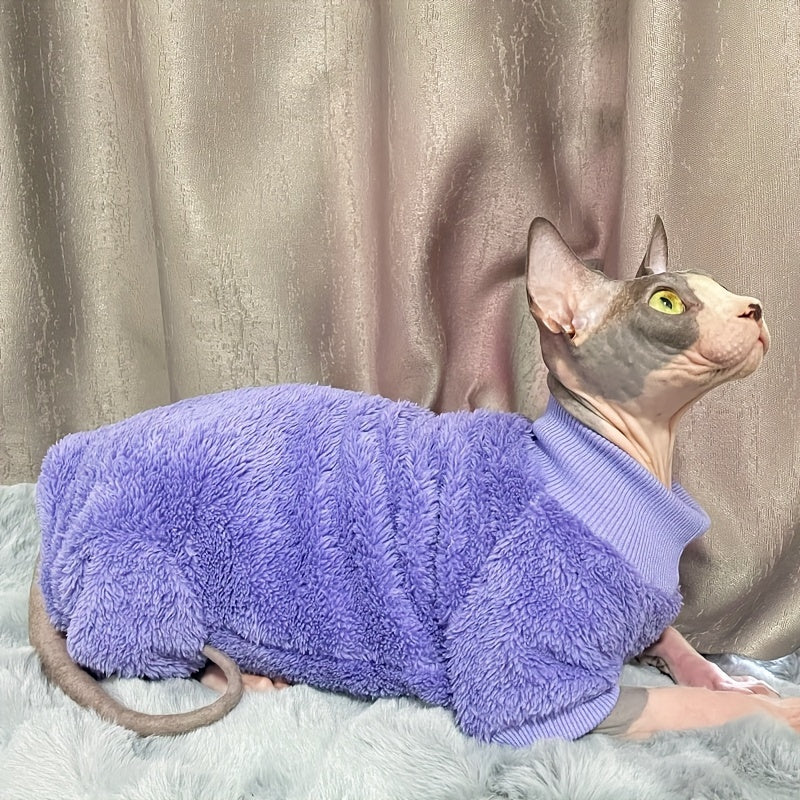 Cozy plush sweater for Sphinx & Devon Rex cats in stylish purple turtleneck, great for hairless cats in autumn/winter. Made with easy-care polyester, machine washable.