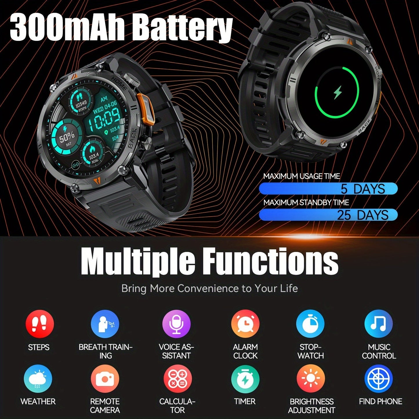 EIGIIS KE3 Men's Smartwatch offers a high-definition touch display, built-in LED flashlight, and the ability to receive calls and texts. It also includes a fitness tracker with a pedometer feature, designed for use with both iPhone and Android devices.