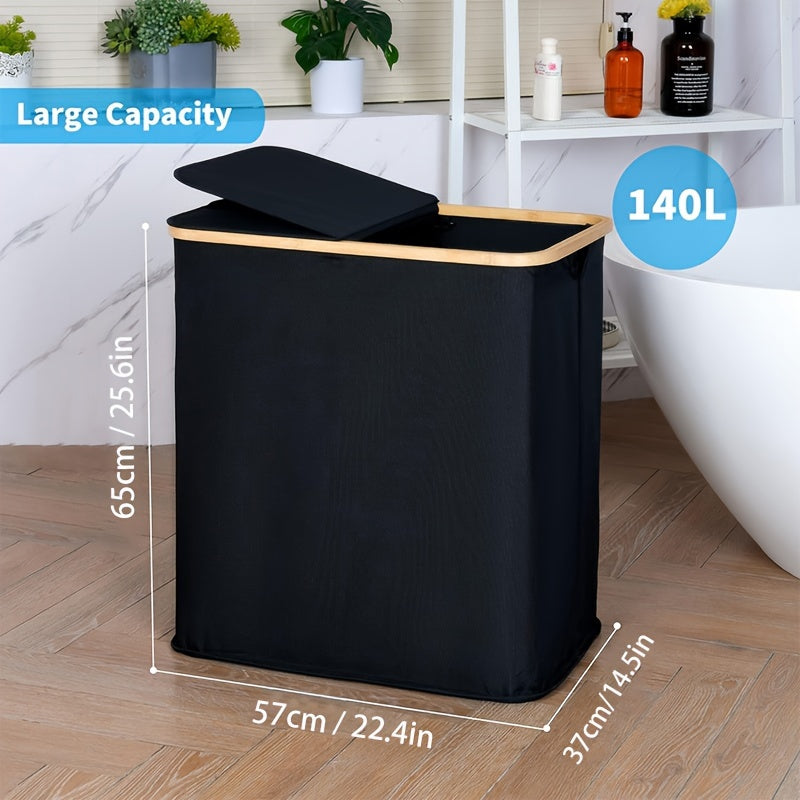 Large double-layer laundry basket with lid, featuring two removable and washable pockets. This foldable space-saving dirty clothes storage basket is ideal for organizing laundry in the bathroom, bedroom, laundry room, or dormitory.