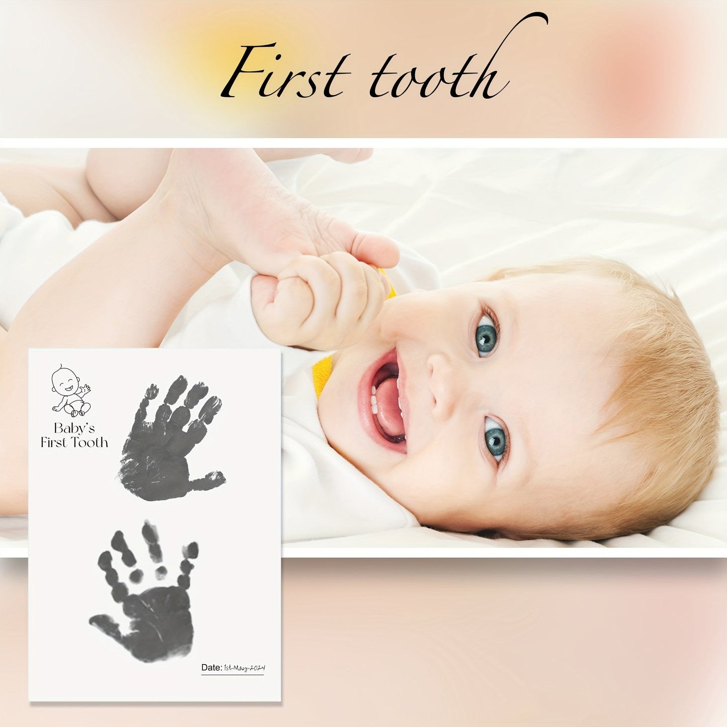 7-piece Ai Bei Parent Co First Milestone Keepsake Kit includes Inkless Hand & Footprint Cards, Clean Touch Memory Casting Paper, and 7 Wipe Bags. Perfect for capturing memories from birth to 3 years old, this kit makes a wonderful family memory gift.