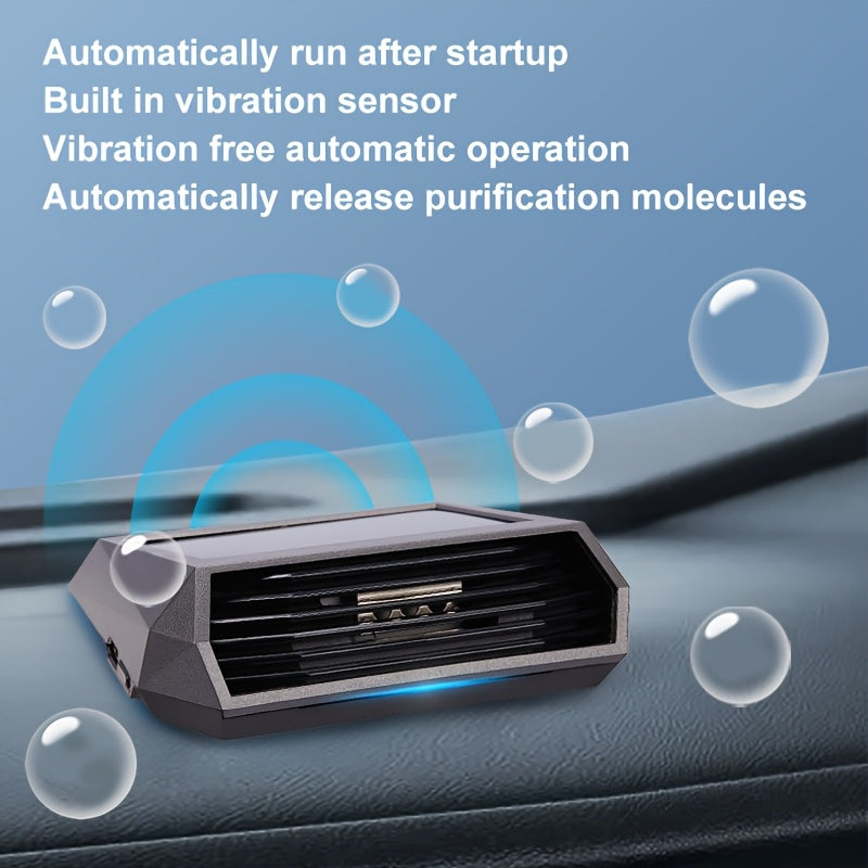 Solar-powered car air purifier with motion sensor for 7-day freshness, auto shut-off when parked, no consumables required, includes high-efficiency panel and lithium battery.