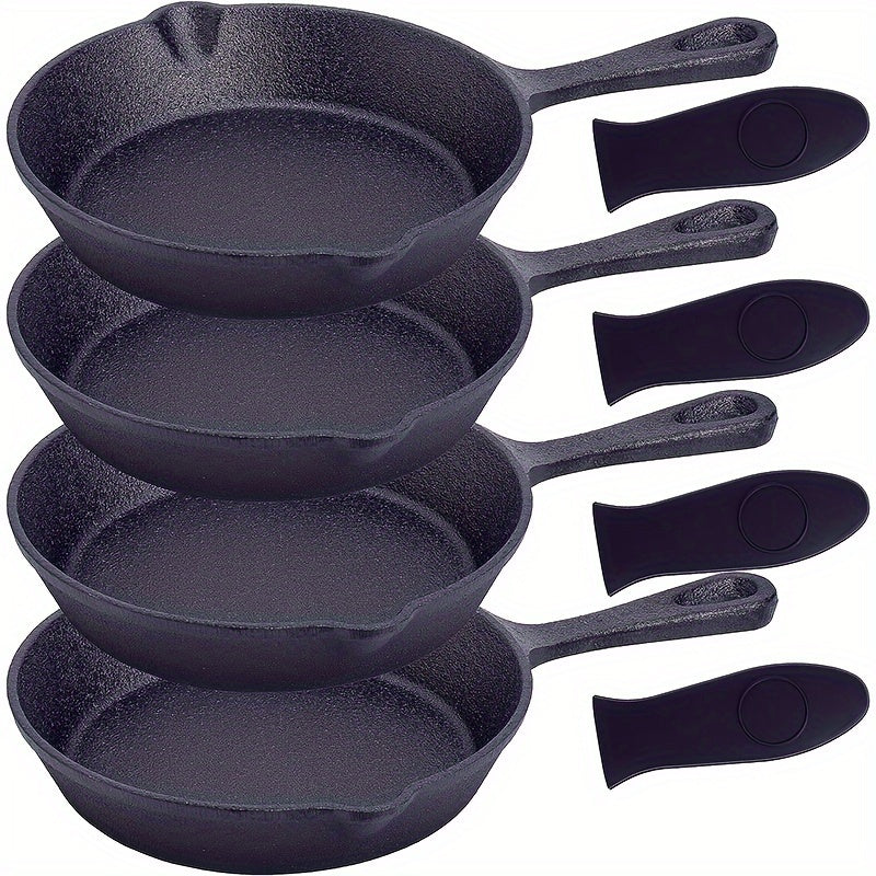 Set of 4 premium black, pre-seasoned cast iron frying pans - includes oven safe skillet, grill pan, nonstick cookware and bakeware perfect for casserole dish cooking in the fall season.