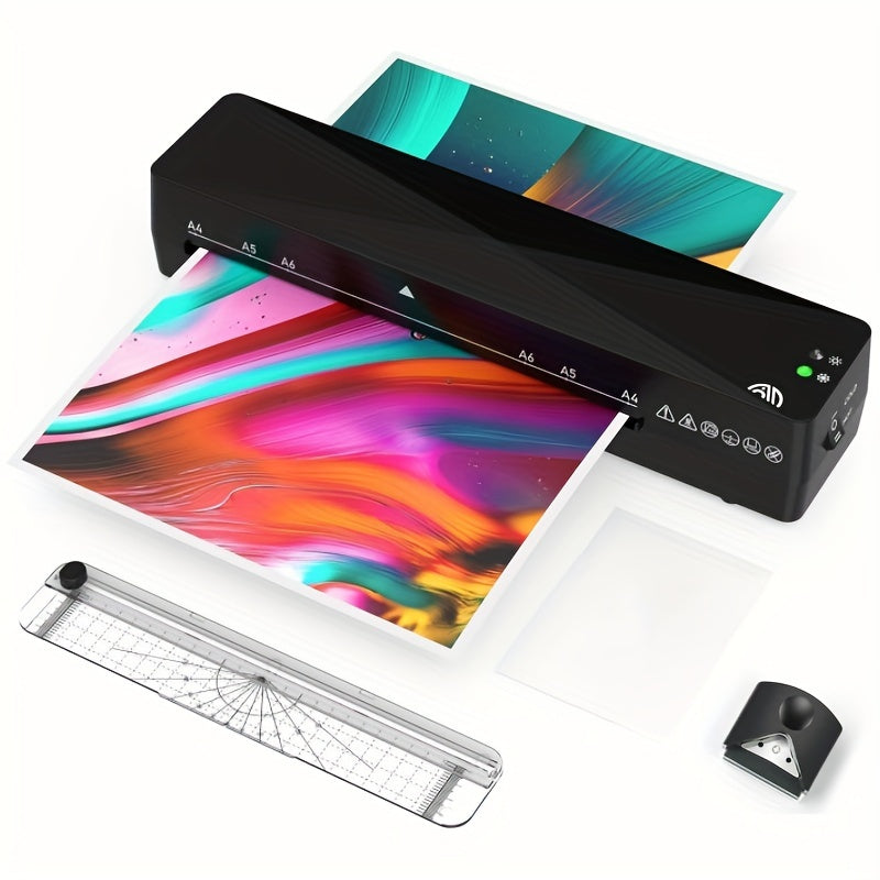 A versatile A4 laminator set with cutter and corner rounder, ideal for school, office documents, menus, and letter cards. It has hot and cold modes, measuring 22.86cm.