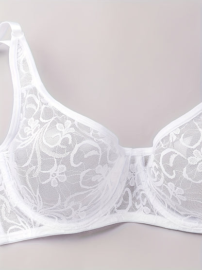 Stylish plus size floral lace bra with V-neck, delicate embroidery, underwired support, breathable, hand washable, in white