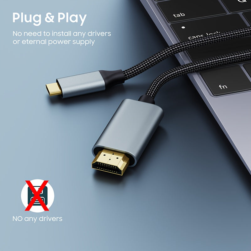 Vothoon 4K@60Hz USB-C to HDTV Cable for multiple devices, including MacBook, Galaxy, iPhone, and iPad. Thunderbolt 3/4 compatible, sleek design with branded connectors.