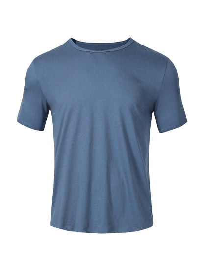 5 Men's 100% Cotton T-Shirts in Black, Dark Blue, Light Gray, White, and Black. Breathable, comfortable, crew neck, short sleeve. Ideal for all seasons, machine washable.