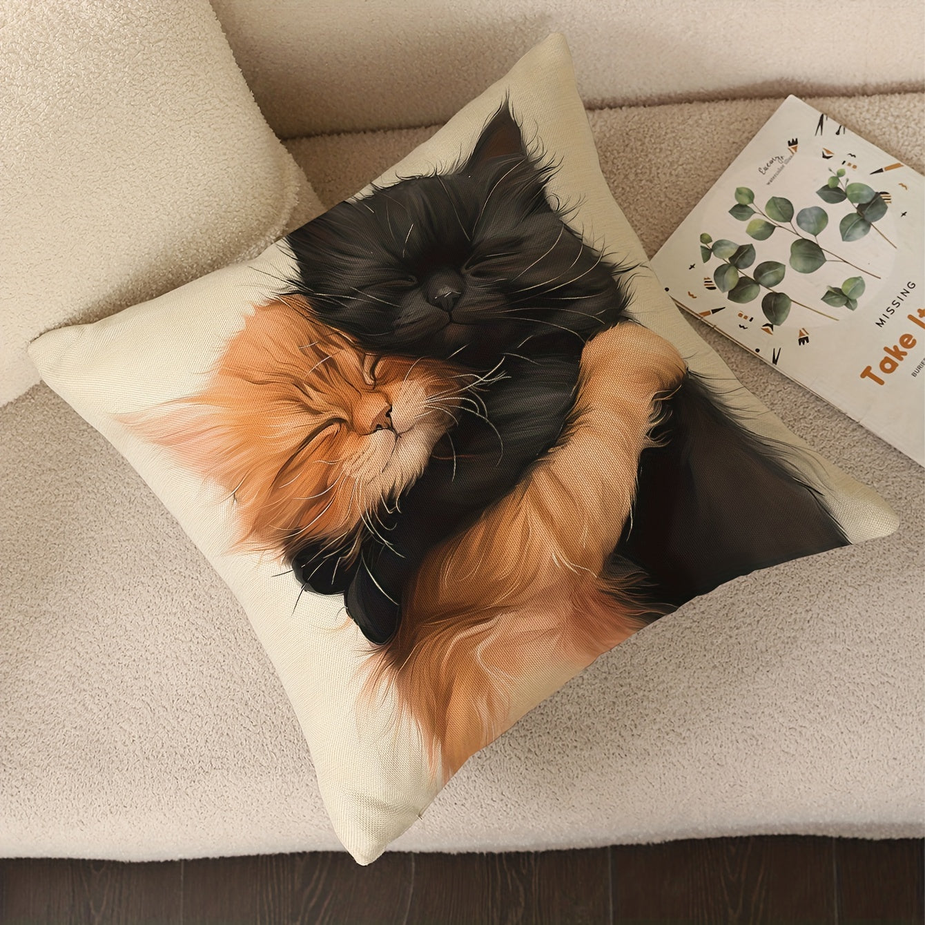 Adorable cat hug linen pillowcase, measuring 44.96cm x 44.96cm - perfect for cozy home decor. Features zip closure, machine washable design, and no insert included. Ideal for sofa, living room, or bedroom.