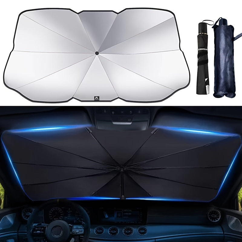 Foldable car windshield sunshade umbrella blocks UV rays and fits most cars. Can be folded for easy storage and has reflective cover.